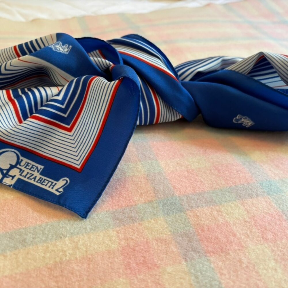 Vintage Queen Elizabeth II Cruise Ship Souvenir Rectangle Blue Scarf